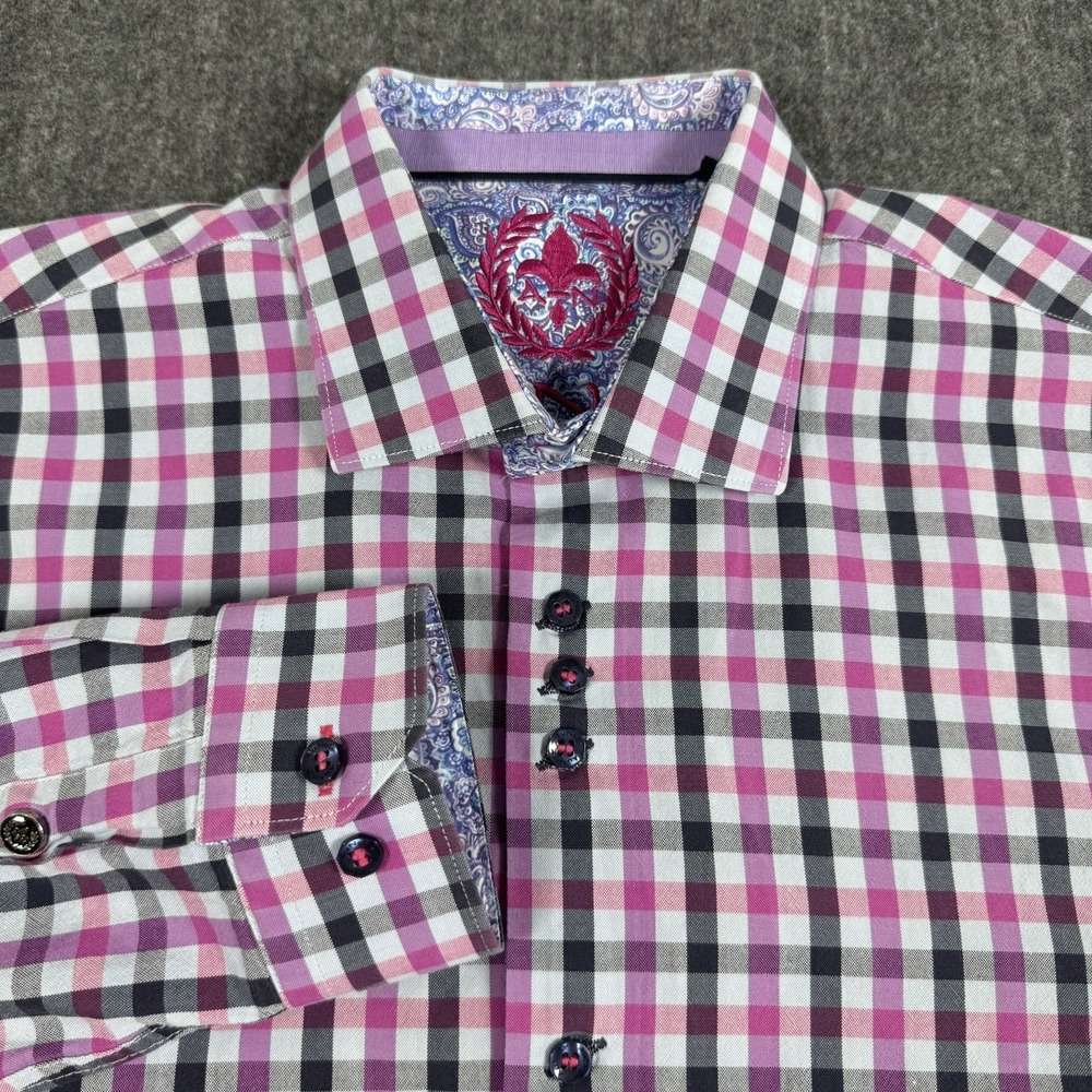 Au Noir Men's Shirt Size 4 Pink Black Plaid Paisley Trim Long Sleeve Cotton